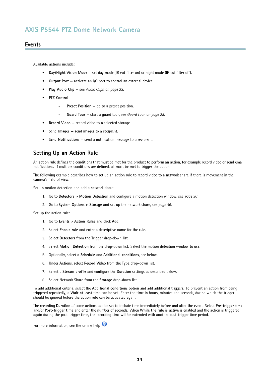 Axis Communications P5544 user manual Setting Up an Action Rule, PTZ Control, Go to Events Action Rules and click Add 