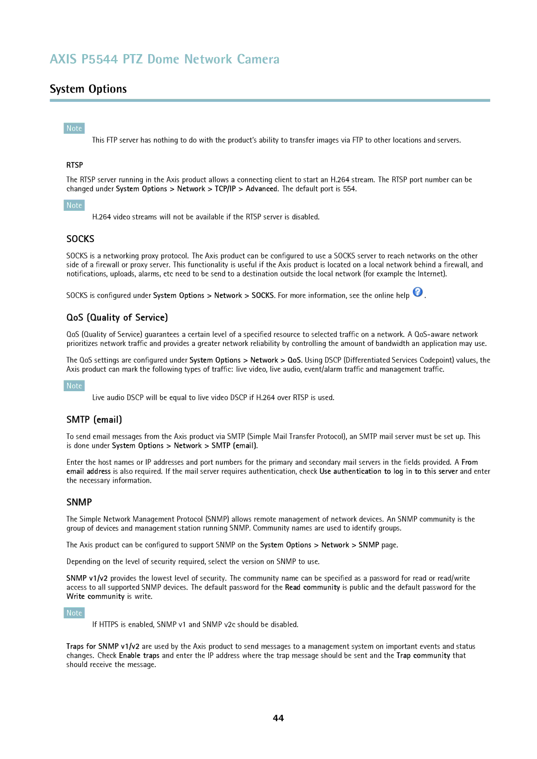 Axis Communications P5544 user manual QoS Quality of Service, Smtp email 