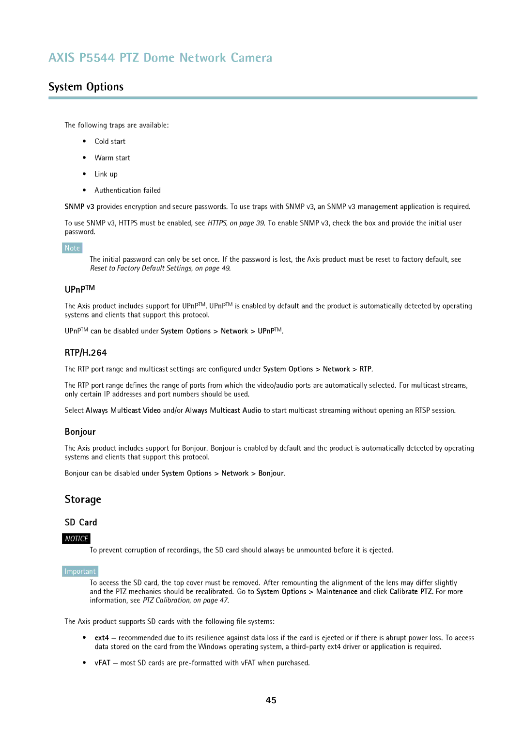 Axis Communications P5544 user manual Storage, UPnPTM, RTP/H.264, Bonjour, SD Card 