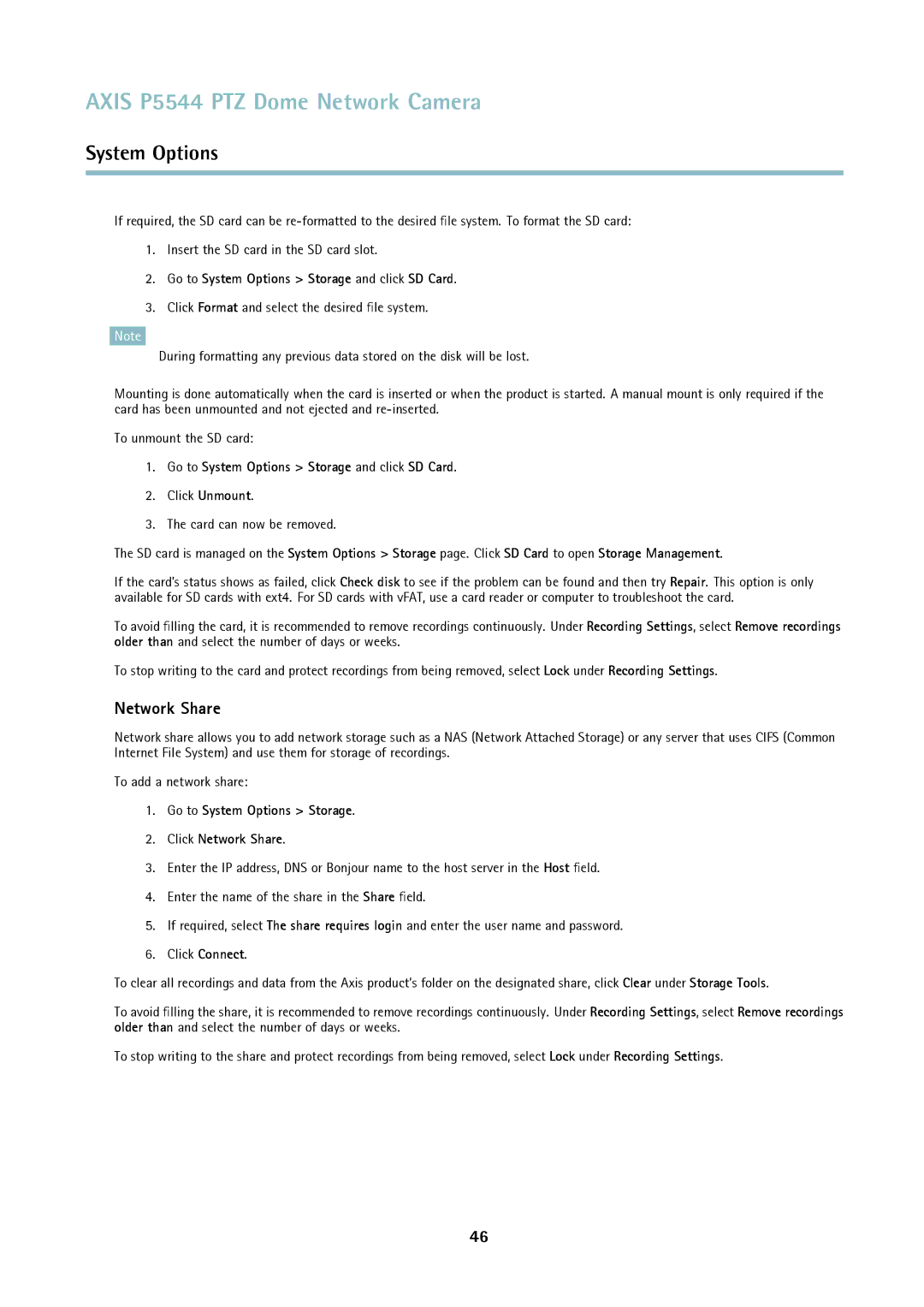 Axis Communications P5544 user manual Network Share, Go to System Options Storage and click SD Card 