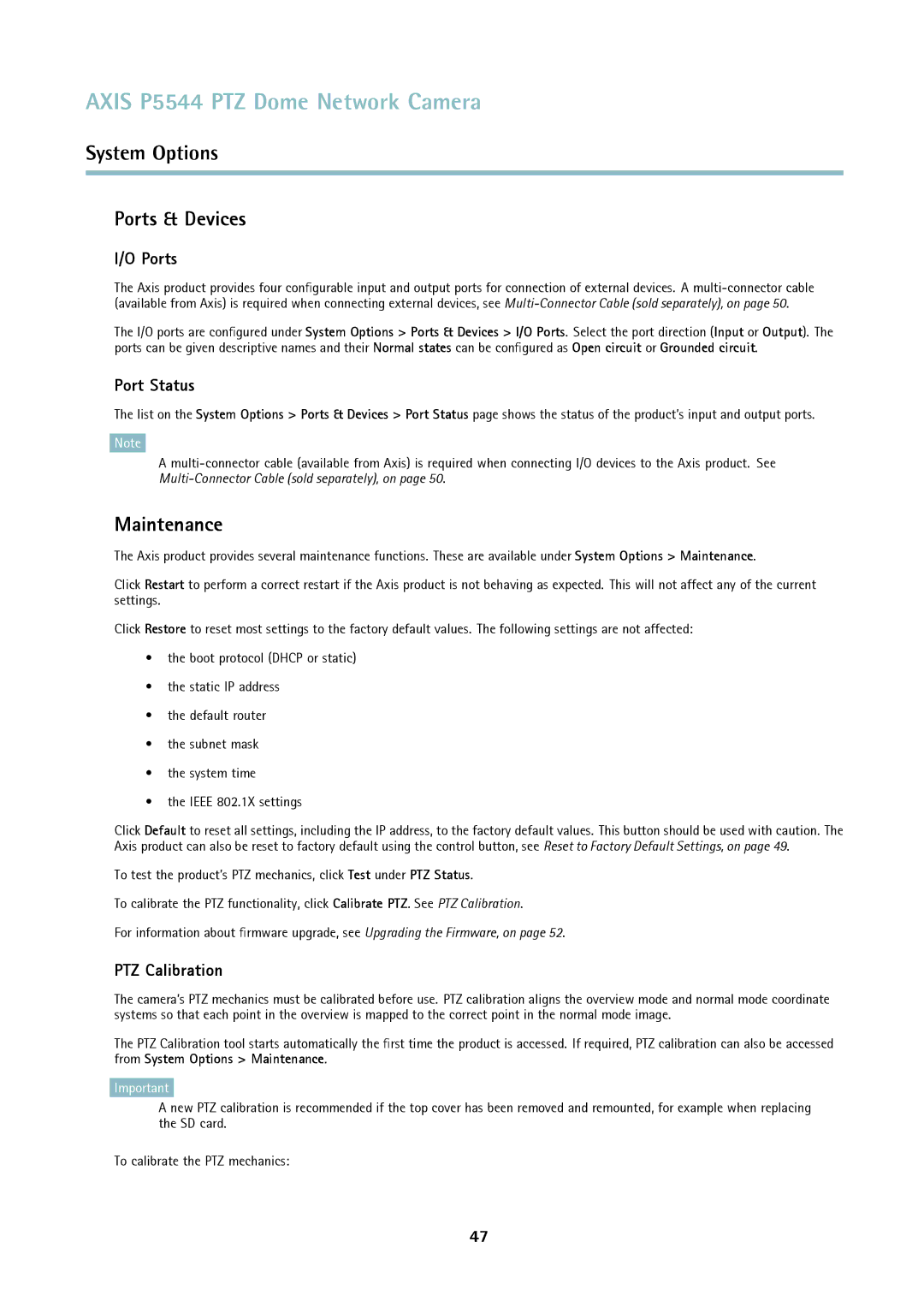 Axis Communications P5544 user manual Ports & Devices, Maintenance, Port Status, PTZ Calibration 