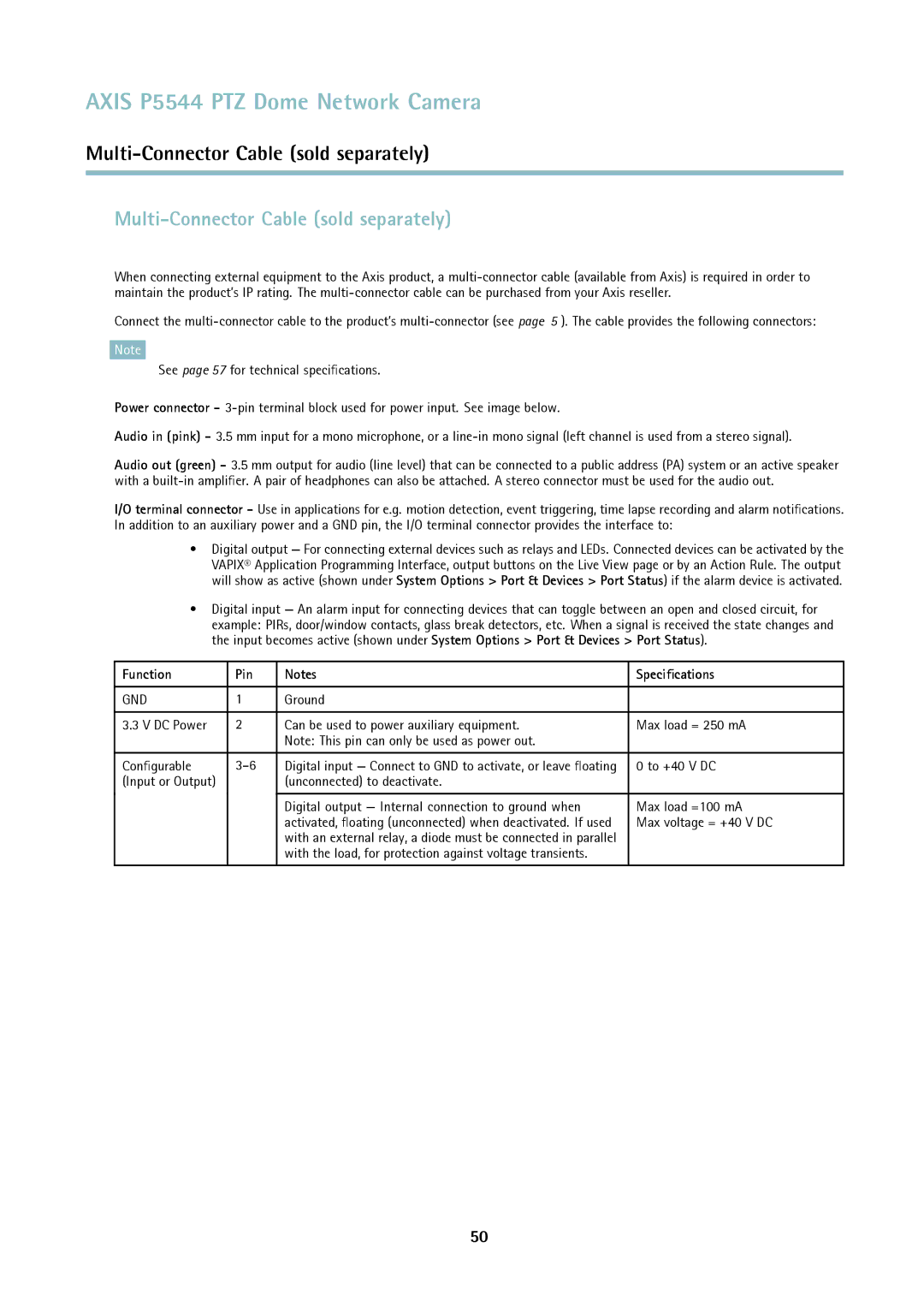 Axis Communications P5544 user manual Multi-Connector Cable sold separately, Function Pin Speciﬁcations 
