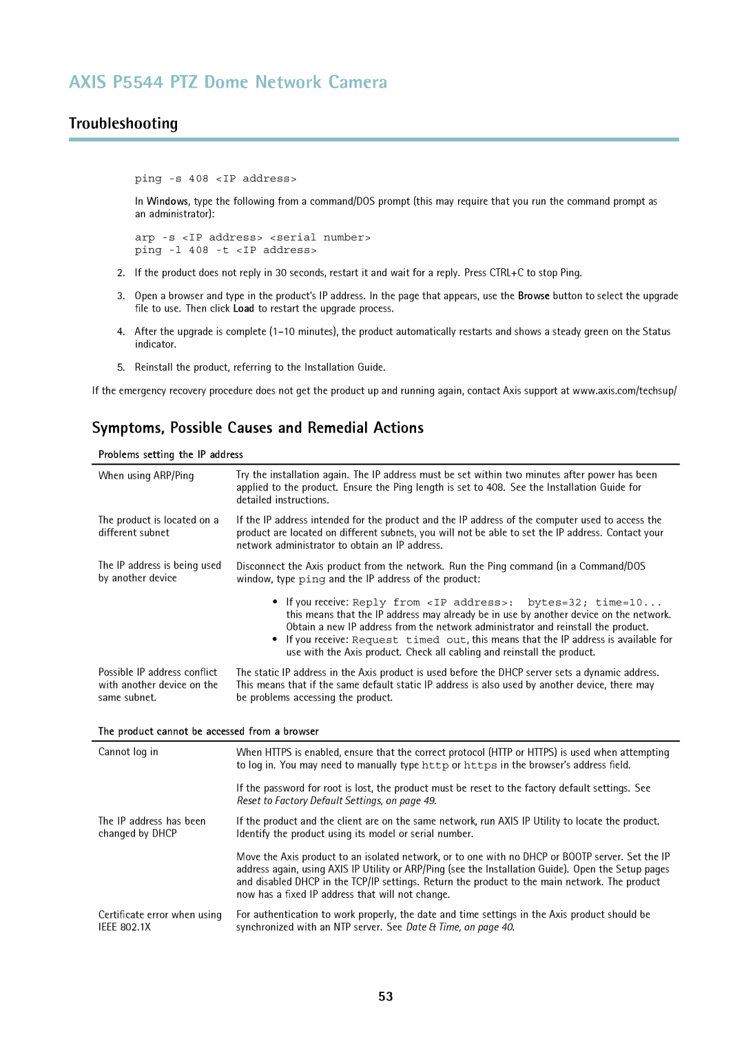 Axis Communications P5544 user manual Symptoms, Possible Causes and Remedial Actions, Problems setting the IP address 