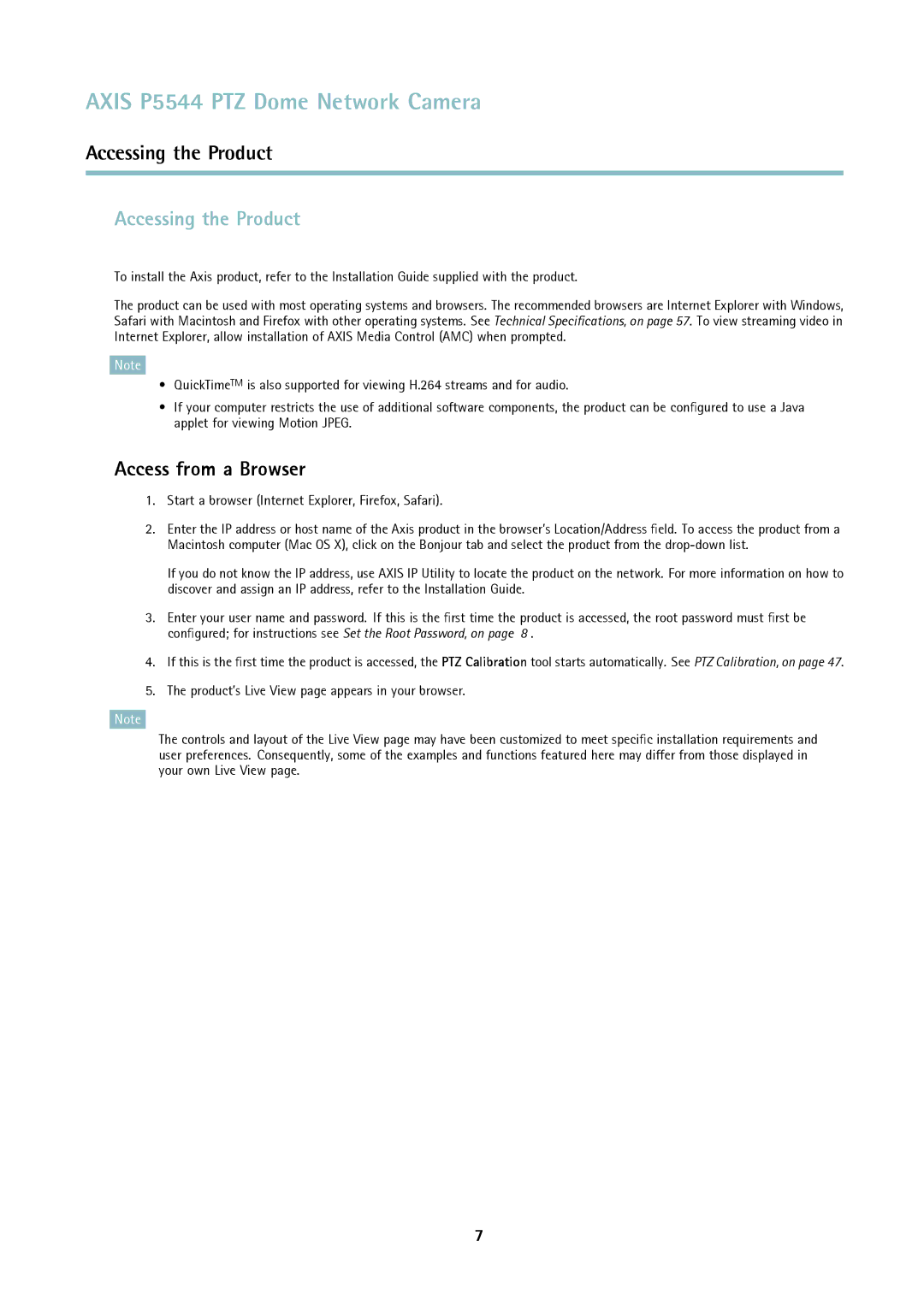 Axis Communications P5544 Accessing the Product, Access from a Browser, Start a browser Internet Explorer, Firefox, Safari 