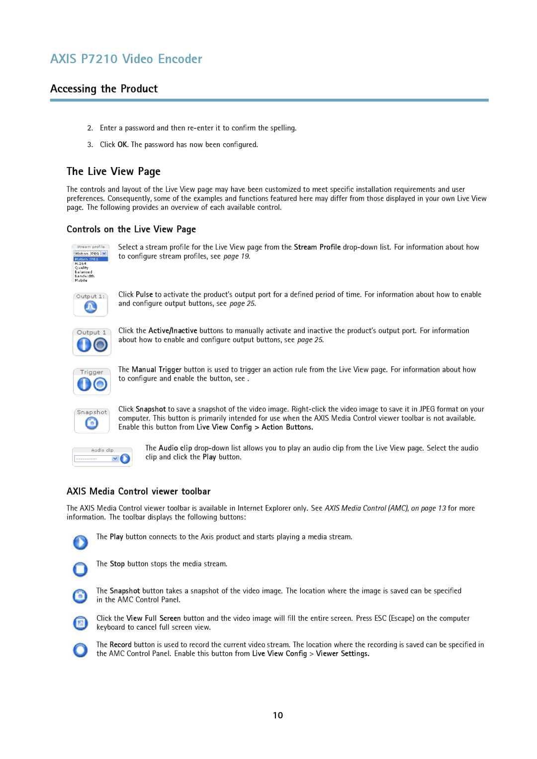 Axis Communications P7210 user manual Controls on the Live View, Axis Media Control viewer toolbar 