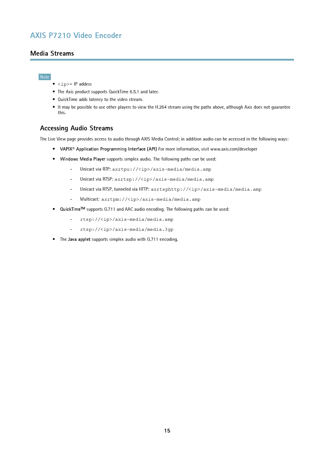 Axis Communications P7210 user manual Accessing Audio Streams, Java applet supports simplex audio with G.711 encoding 