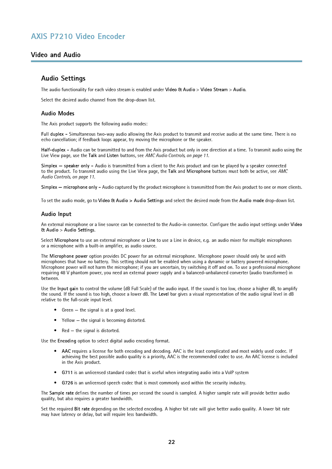 Axis Communications P7210 user manual Video and Audio Audio Settings, Audio Modes, Audio Input 