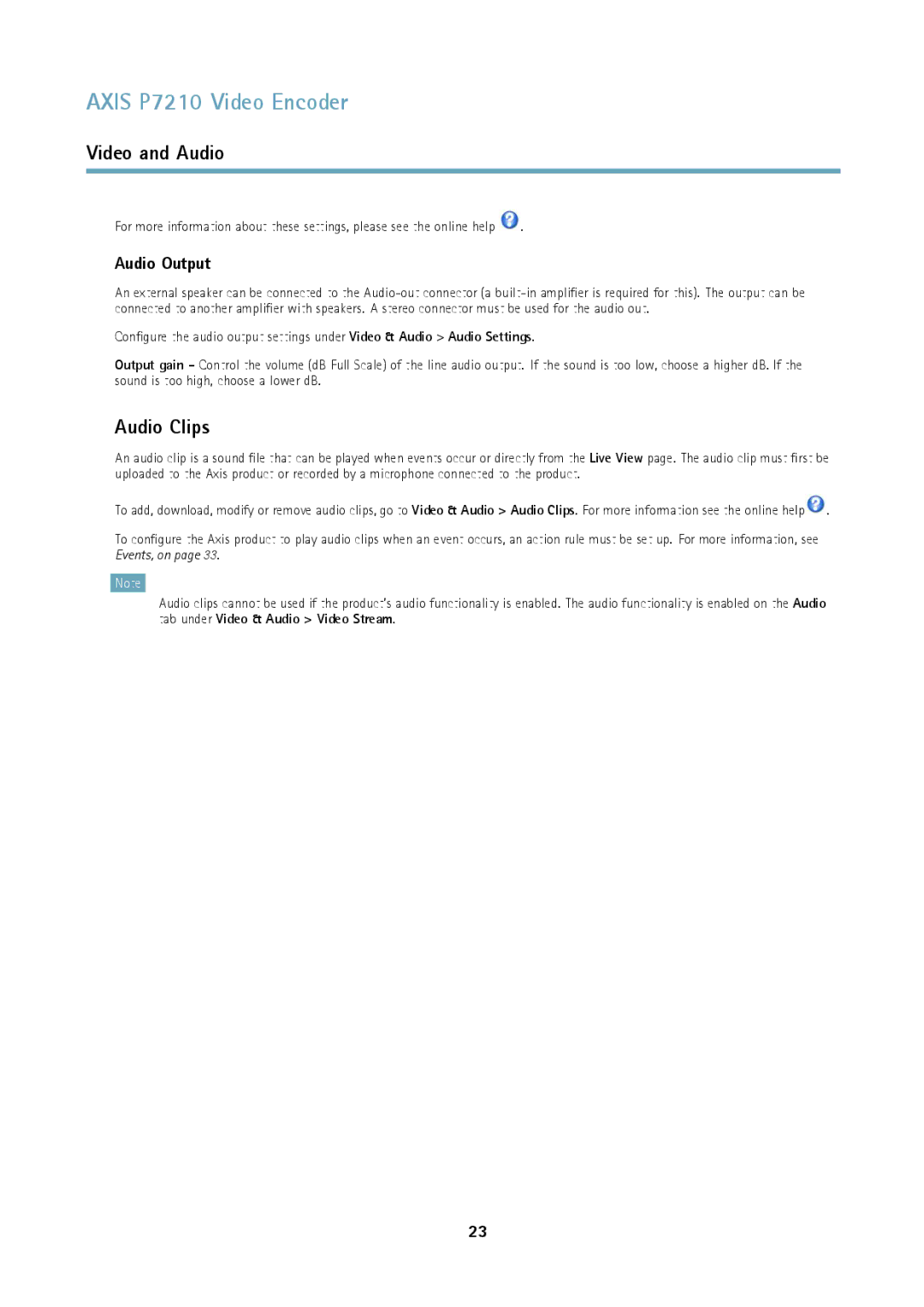 Axis Communications P7210 user manual Audio Clips, Audio Output 