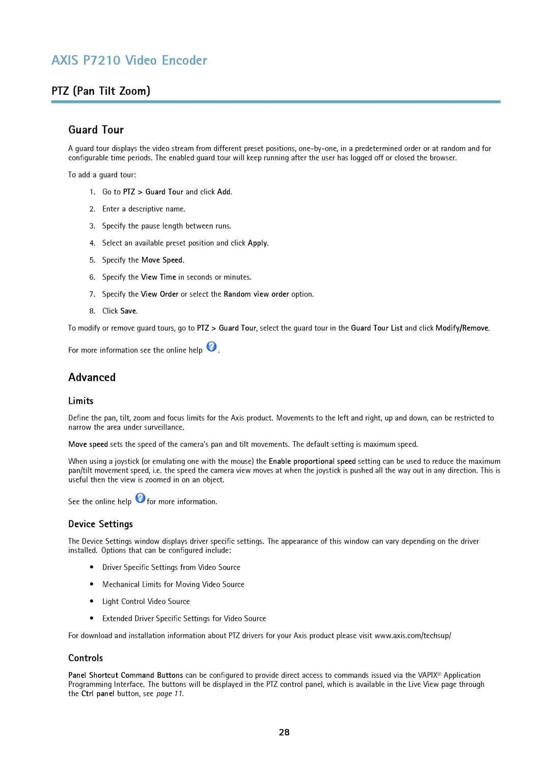 Axis Communications P7210 user manual PTZ Pan Tilt Zoom Guard Tour, Advanced, Limits, Device Settings, Controls 