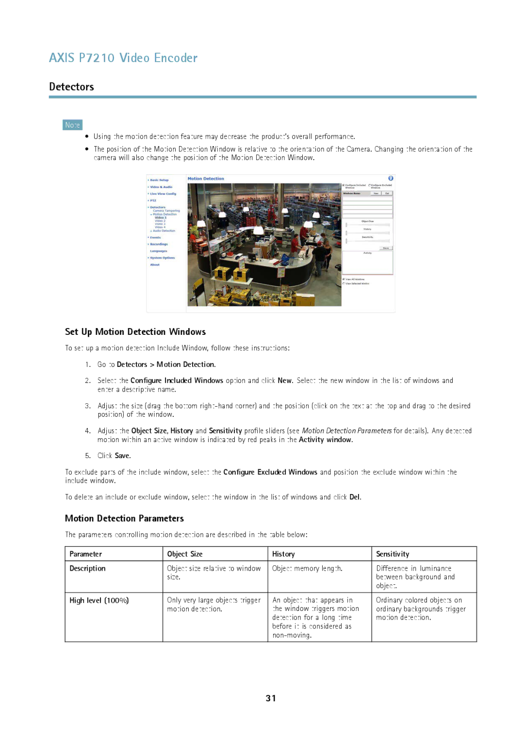 Axis Communications P7210 Set Up Motion Detection Windows, Motion Detection Parameters, Go to Detectors Motion Detection 