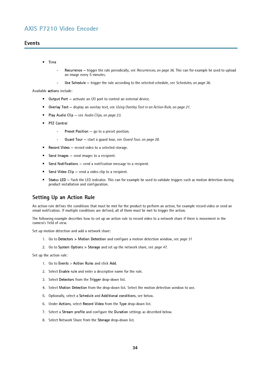 Axis Communications P7210 user manual Setting Up an Action Rule, Time, PTZ Control, Go to Events Action Rules and click Add 