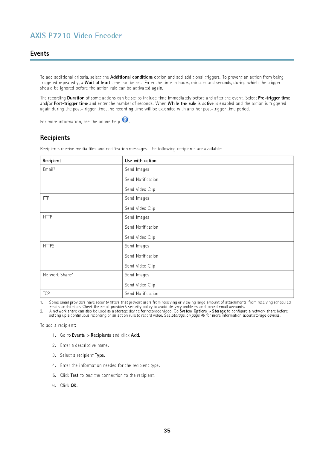 Axis Communications P7210 user manual Recipient Use with action, Go to Events Recipients and click Add 