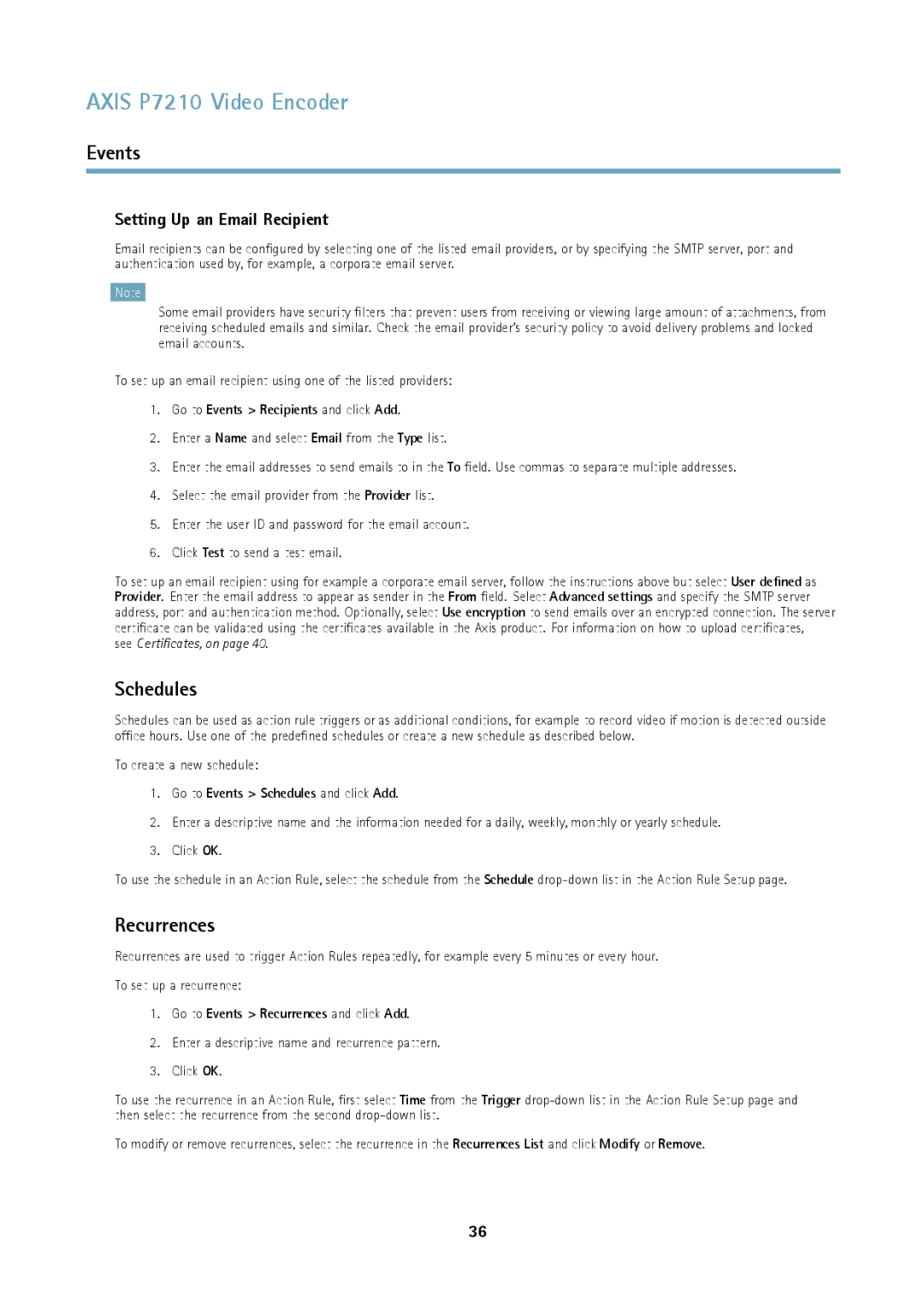 Axis Communications P7210 user manual Recurrences, Setting Up an Email Recipient, Go to Events Schedules and click Add 