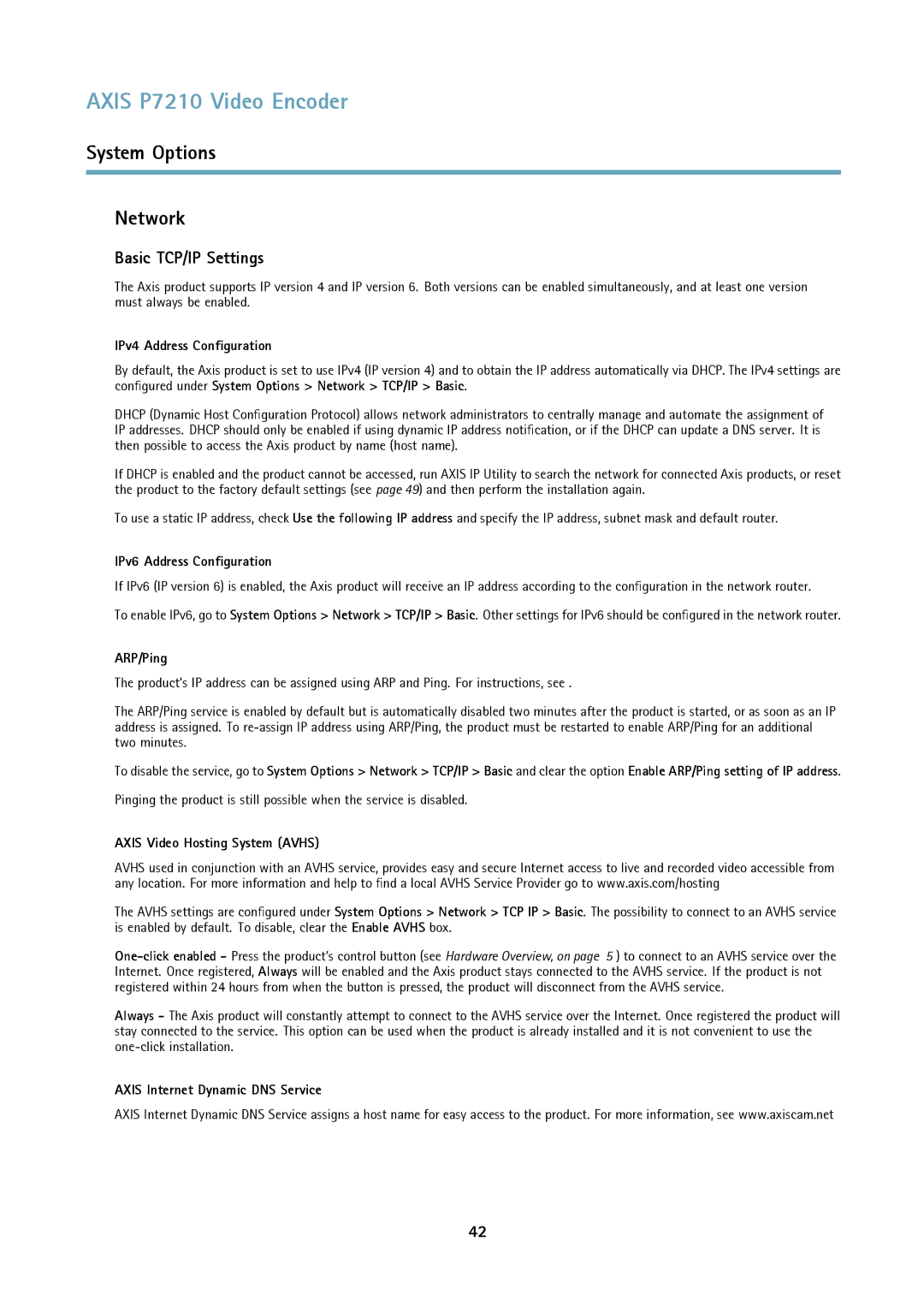 Axis Communications P7210 user manual System Options Network, Basic TCP/IP Settings 