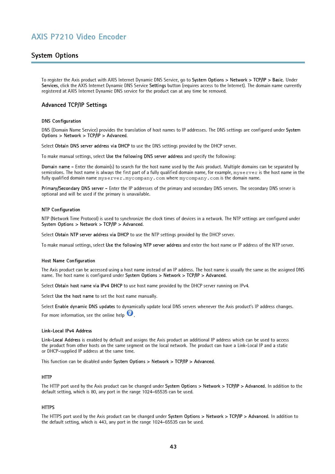 Axis Communications P7210 Advanced TCP/IP Settings, DNS Configuration, NTP Configuration, Host Name Configuration 