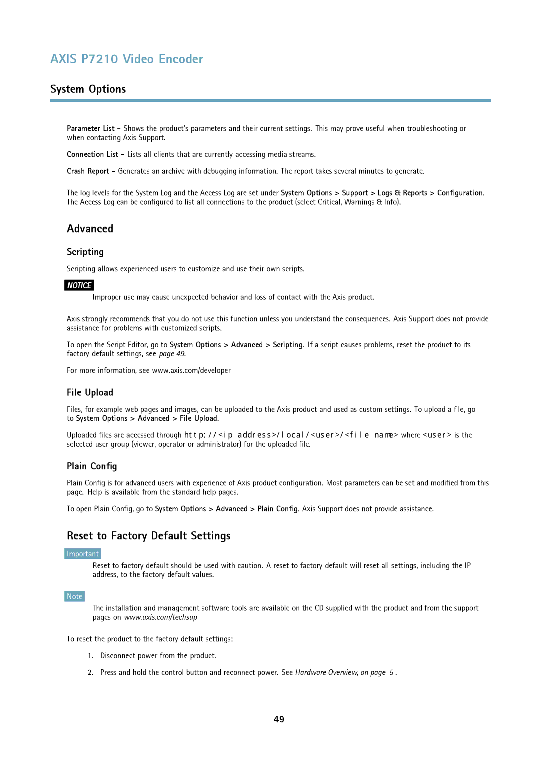 Axis Communications P7210 user manual Reset to Factory Default Settings, Scripting, File Upload, Plain Config 