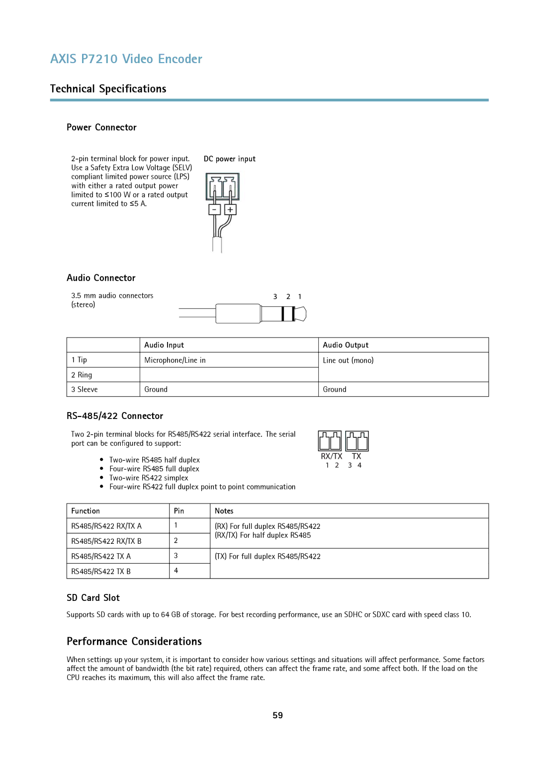 Axis Communications P7210 Performance Considerations, RS-485/422 Connector, Audio Input Audio Output, Function Pin 