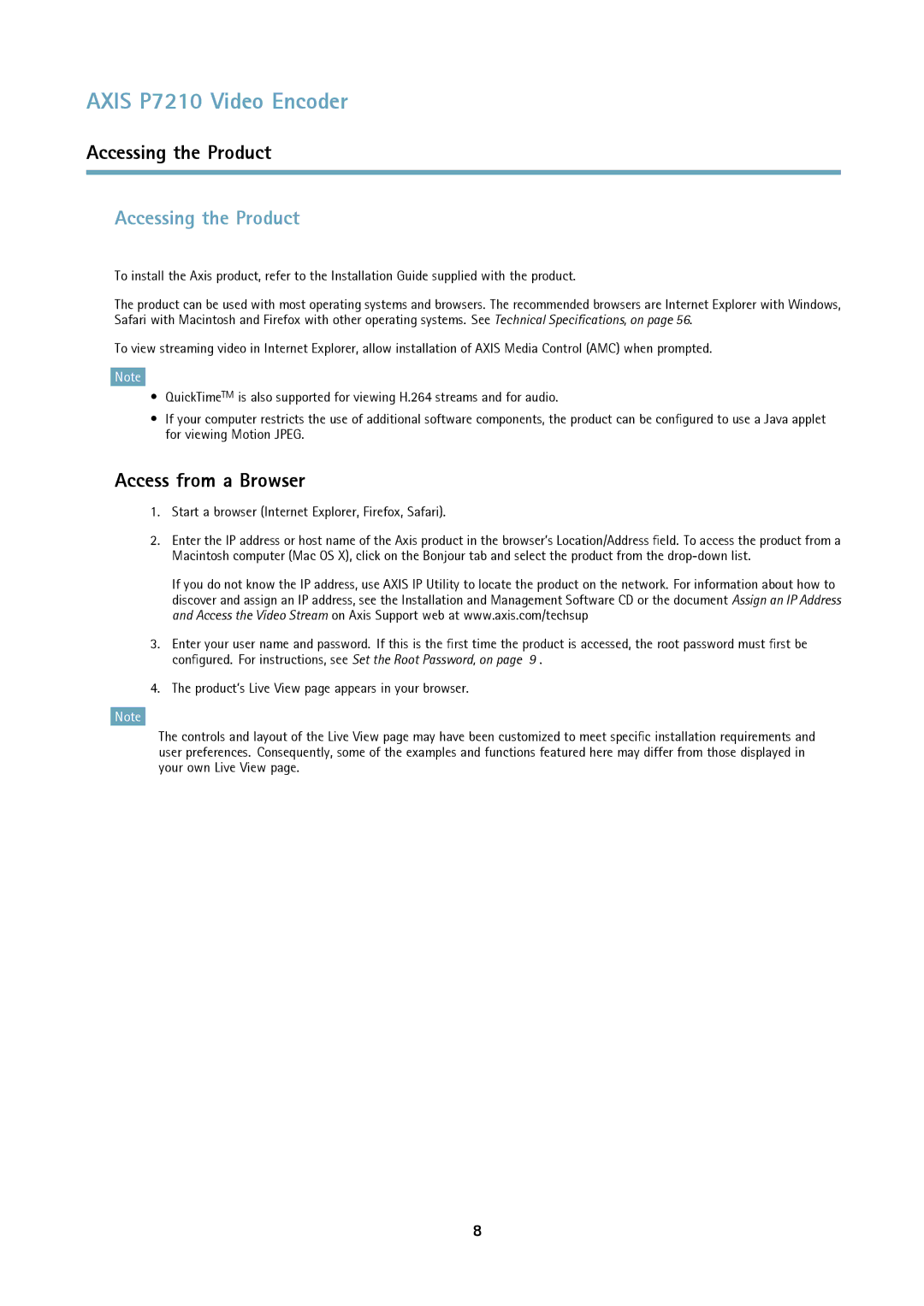 Axis Communications P7210 Accessing the Product, Access from a Browser, Start a browser Internet Explorer, Firefox, Safari 