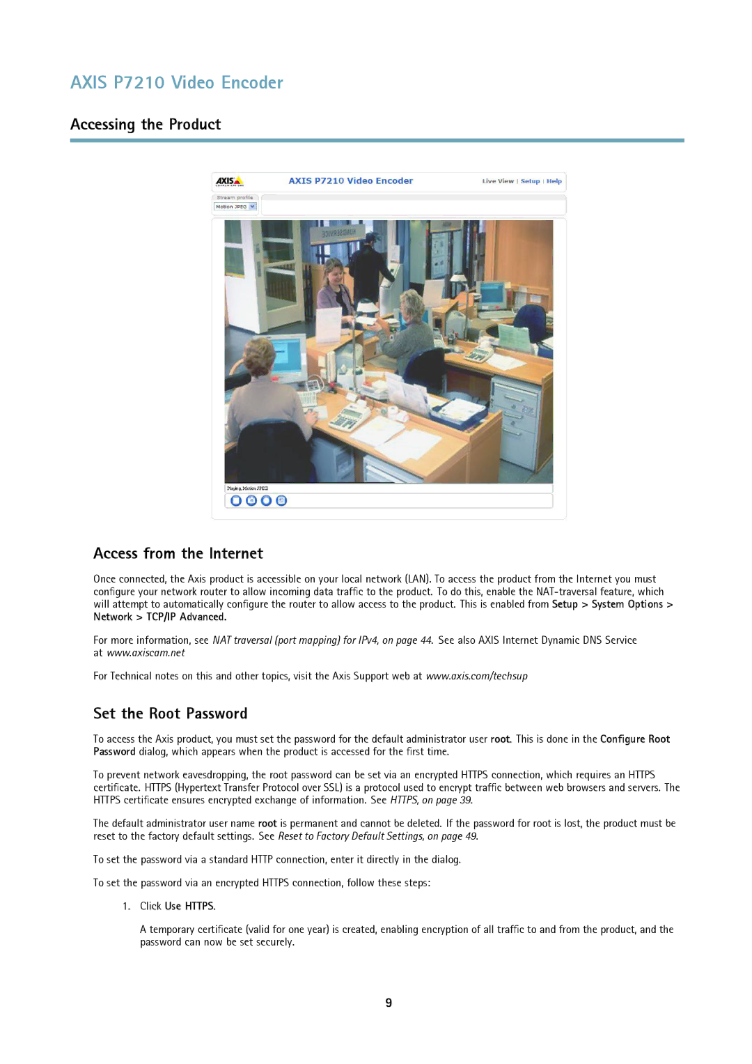 Axis Communications P7210 Accessing the Product Access from the Internet, Set the Root Password, Network TCP/IP Advanced 
