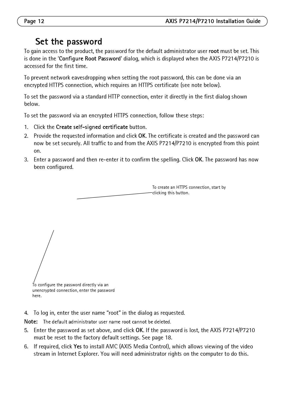 Axis Communications P7214/P7210 manual Set the password, Click the Create self-signed certificate button 