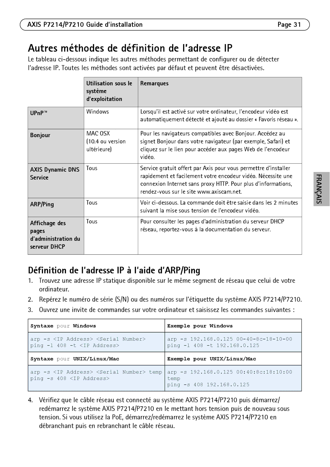 Axis Communications P7214/P7210 manual Autres méthodes de définition de l’adresse IP 