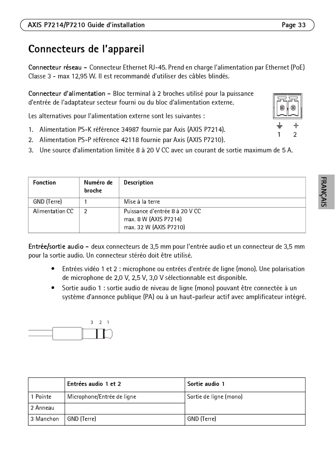 Axis Communications P7214/P7210 Connecteurs de l’appareil, Fonction, Description Broche, Entrées audio 1 et Sortie audio 