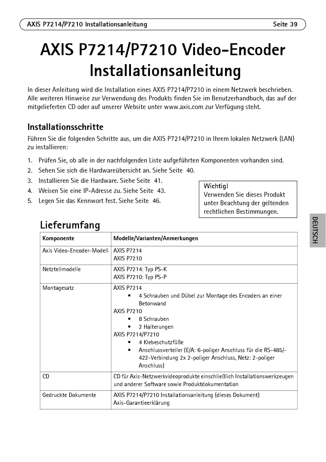 Axis Communications manual Lieferumfang, Installationsschritte, Axis P7214/P7210 Installationsanleitung, Wichtig 