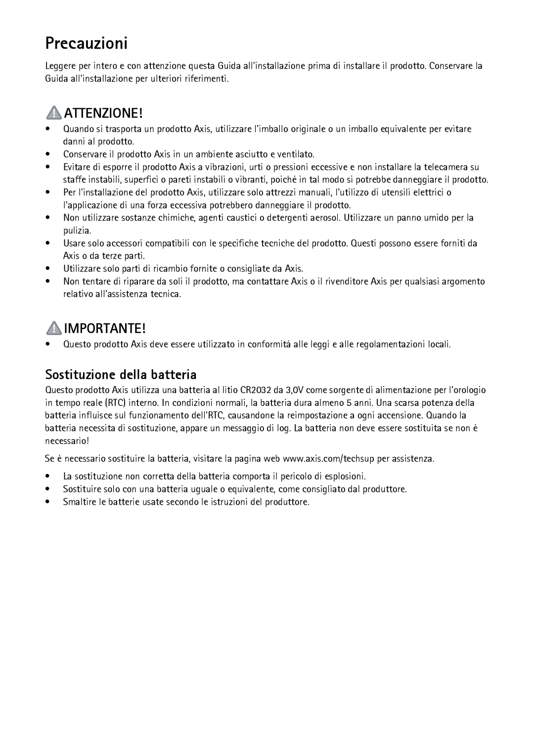 Axis Communications P7214/P7210 manual Precauzioni, Attenzione 