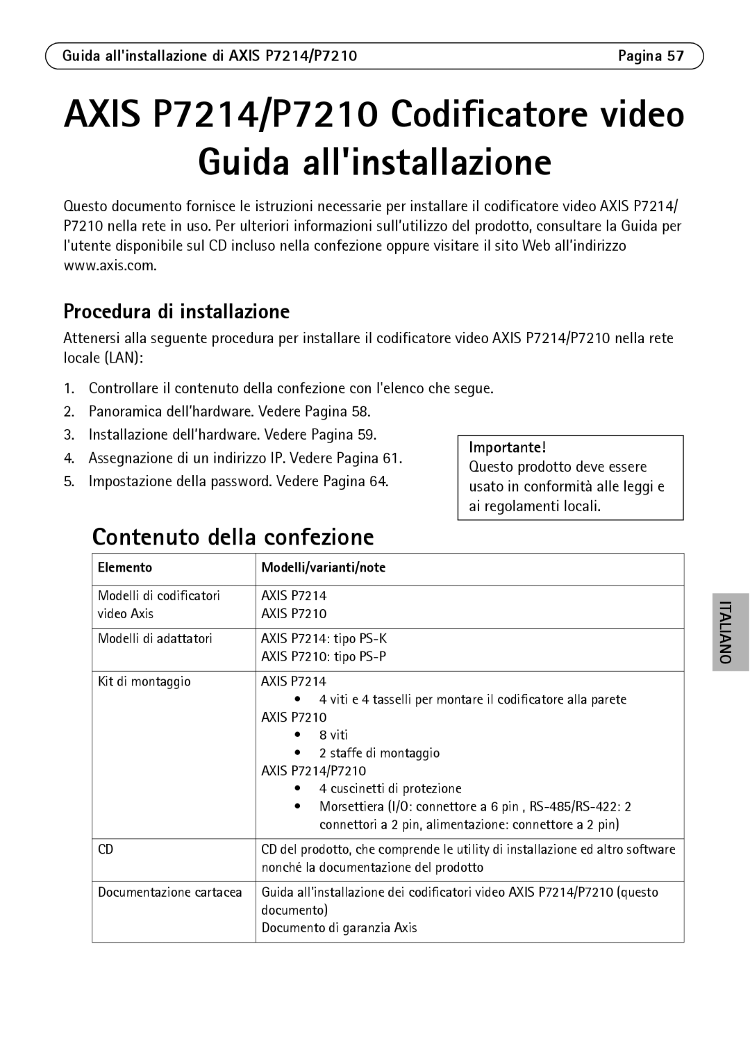 Axis Communications P7214/P7210 manual Contenuto della confezione, Procedura di installazione, Importante 