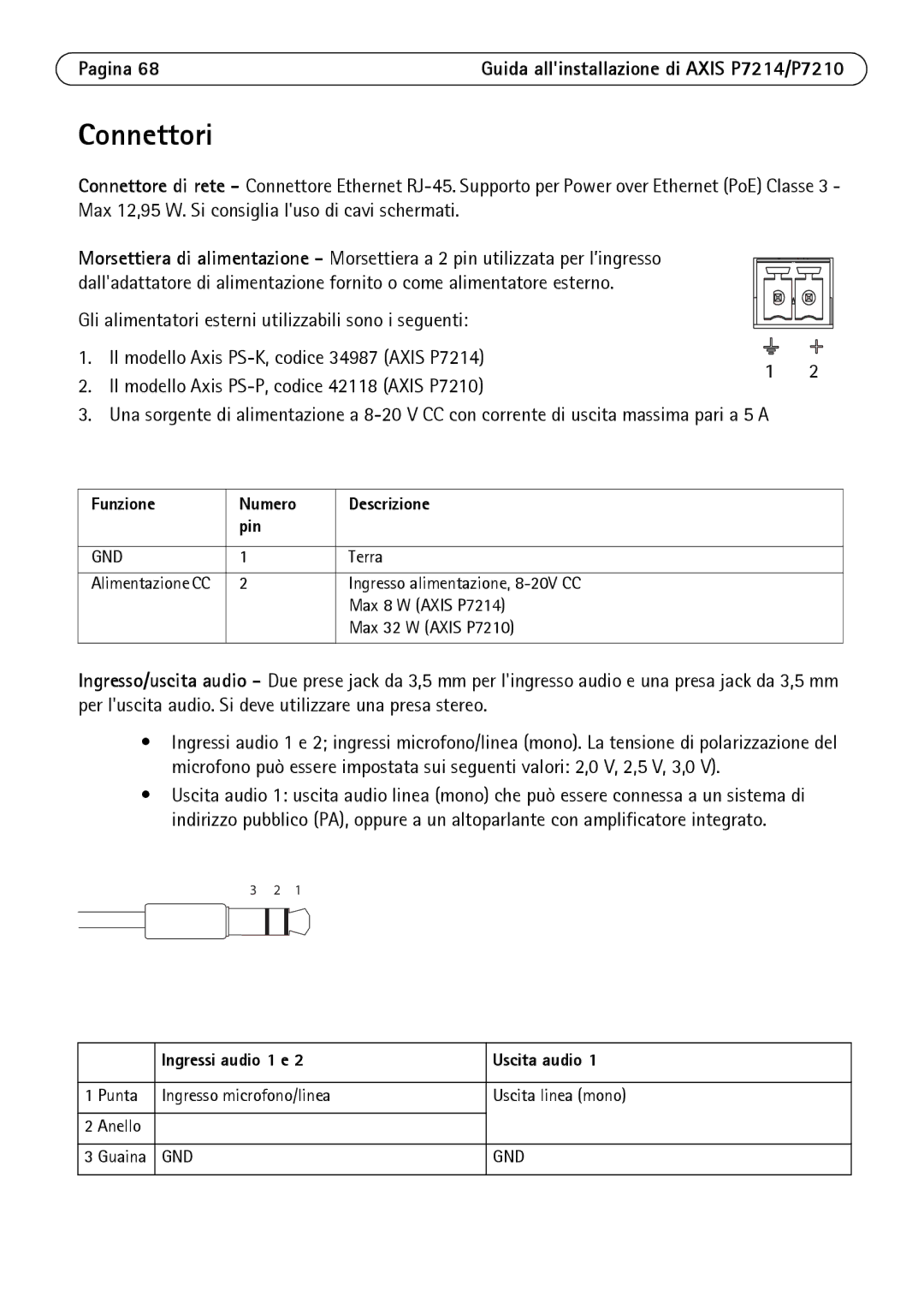 Axis Communications P7214/P7210 manual Connettori, Funzione Numero Descrizione Pin, Ingressi audio 1 e Uscita audio 