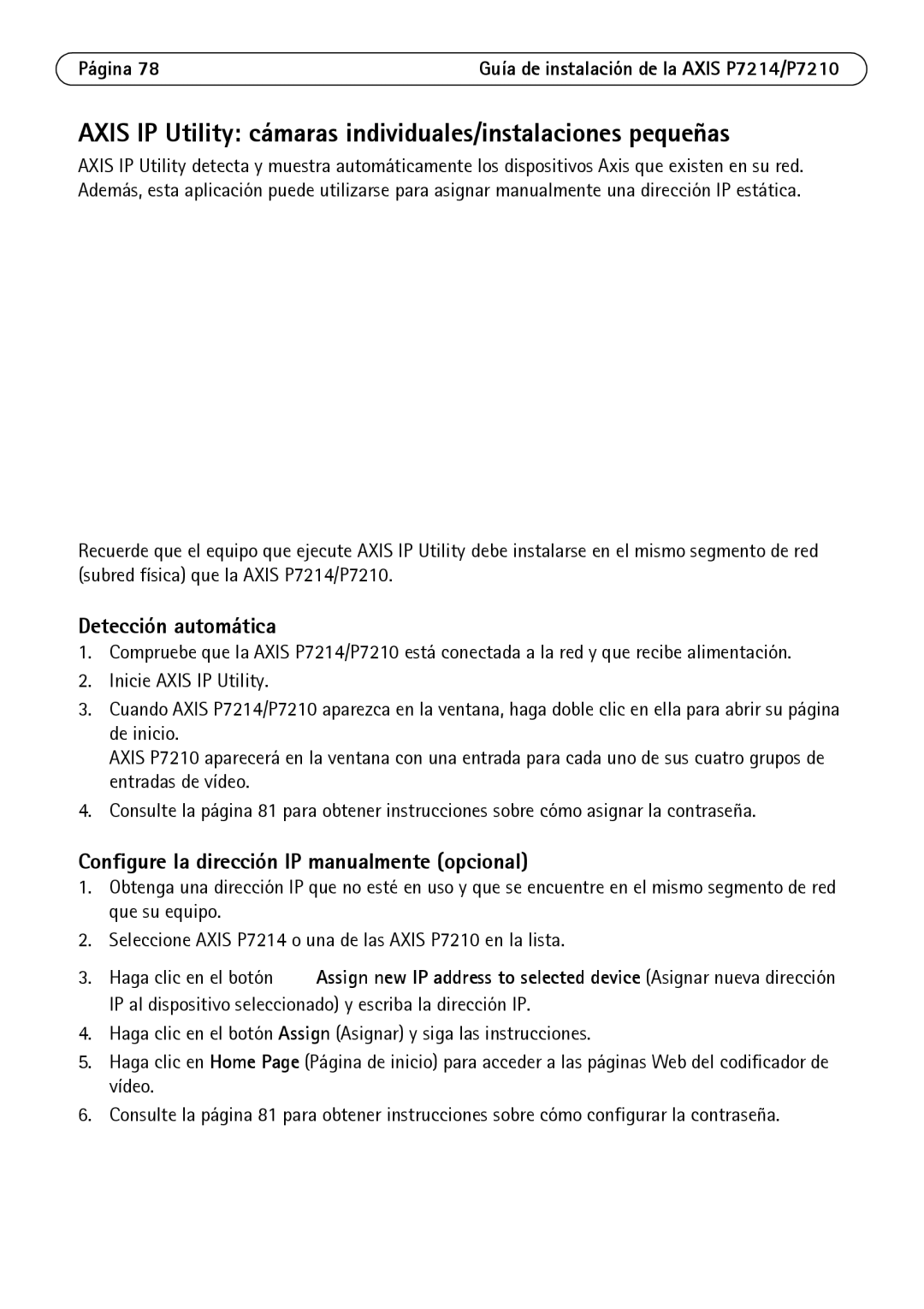 Axis Communications P7214/P7210 manual Axis IP Utility cámaras individuales/instalaciones pequeñas, Detección automática 