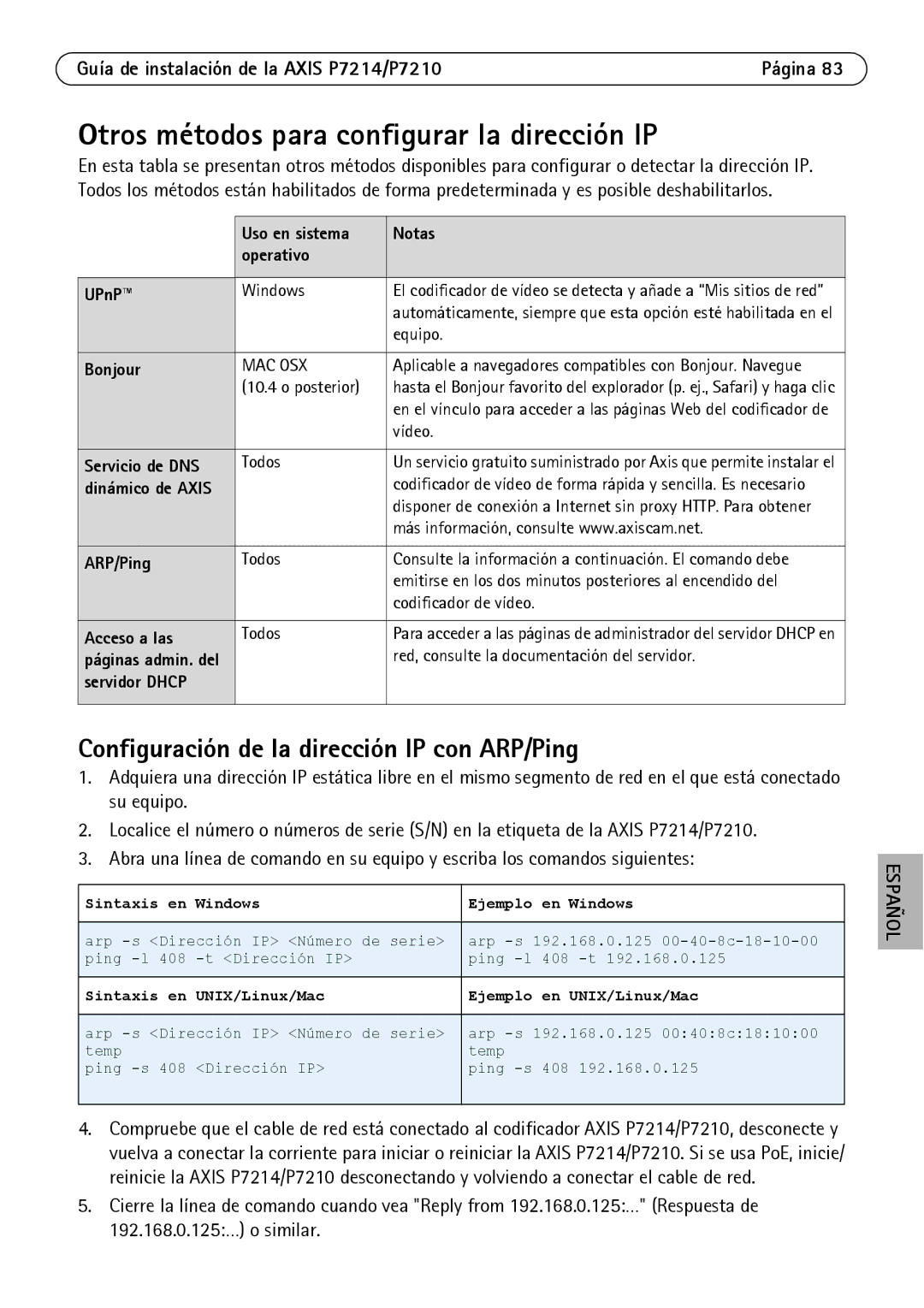 Axis Communications P7214/P7210 manual Otros métodos para configurar la dirección IP 