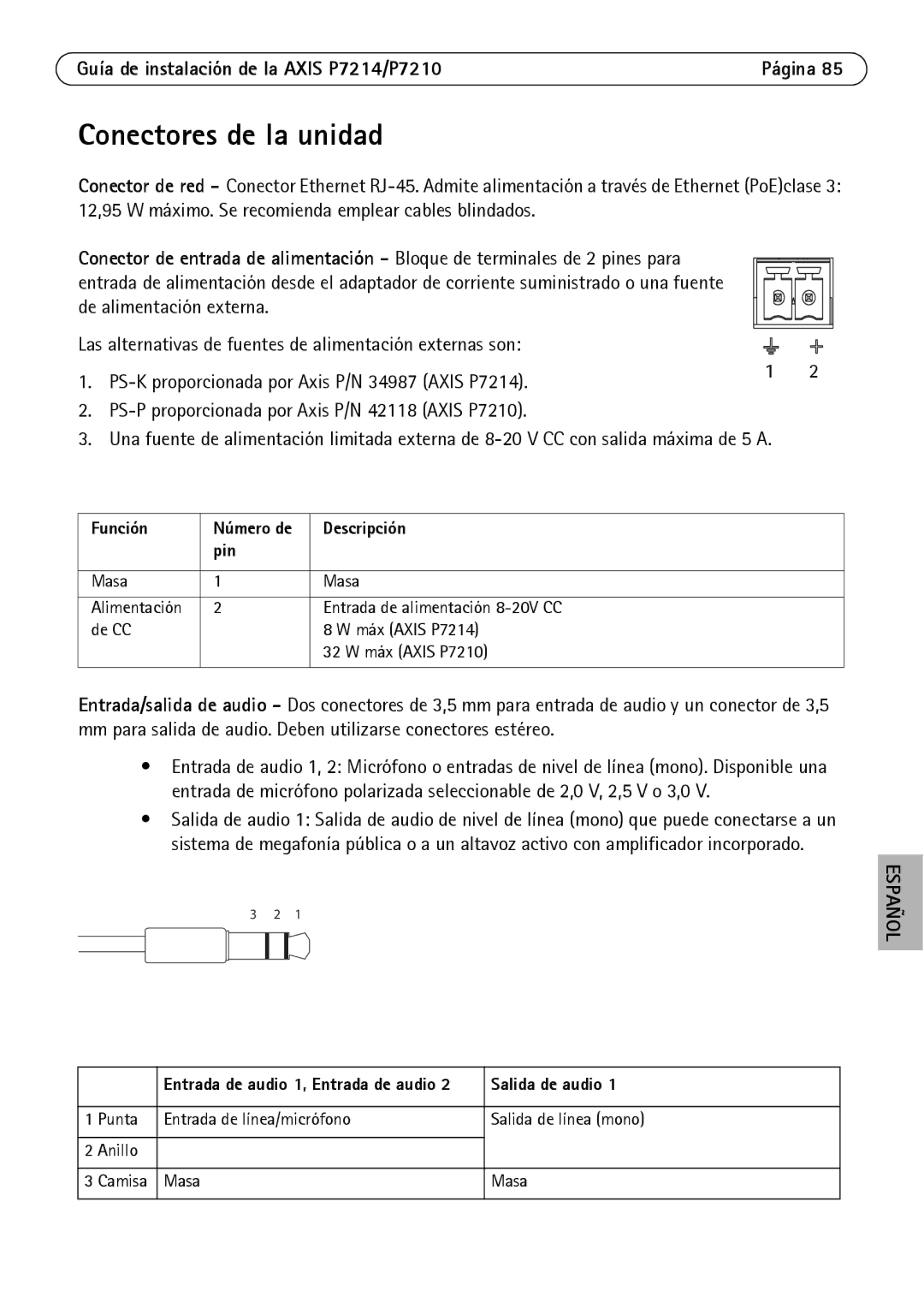 Axis Communications P7214/P7210 manual Conectores de la unidad, Función, Descripción, Salida de audio 