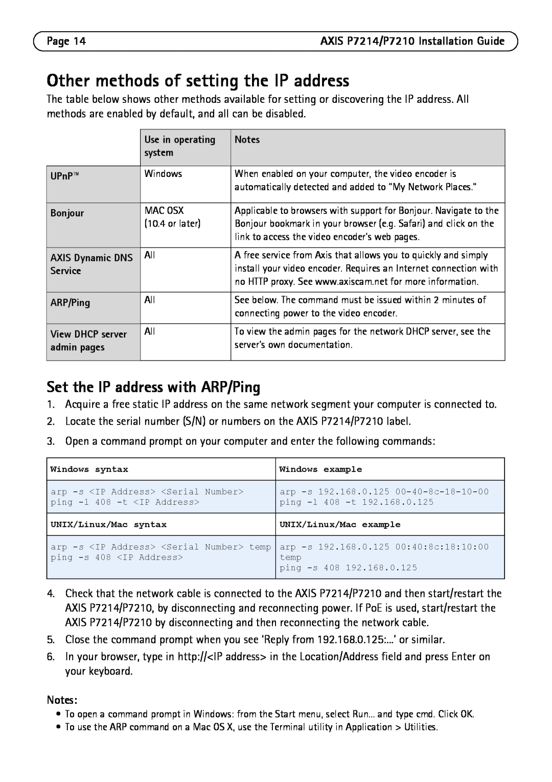 Axis Communications P7214/P7210 manual Other methods of setting the IP address, Set the IP address with ARP/Ping, Page 