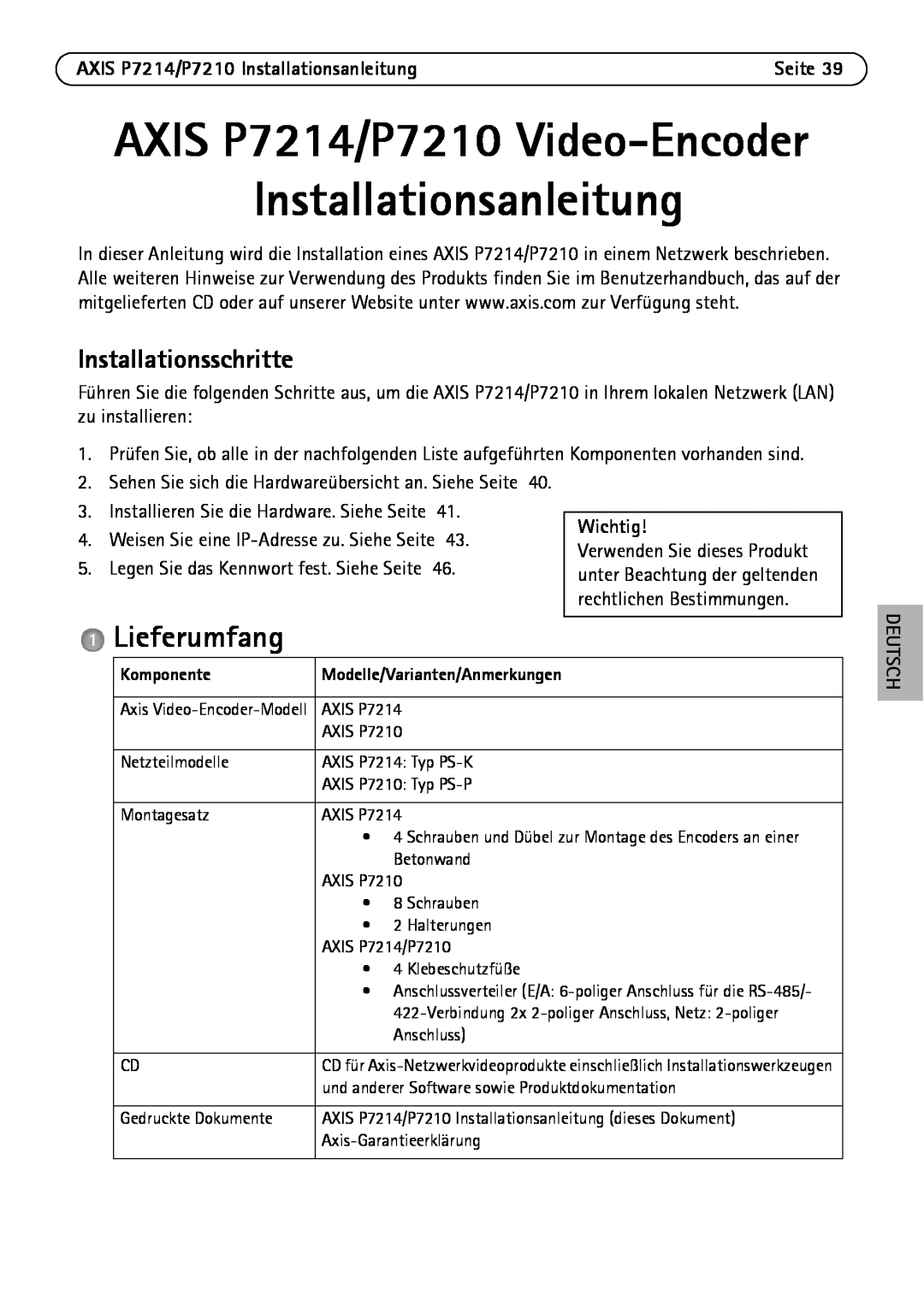 Axis Communications AXIS P7214/P7210 Video-Encoder Installationsanleitung, Lieferumfang, Installationsschritte, Wichtig 