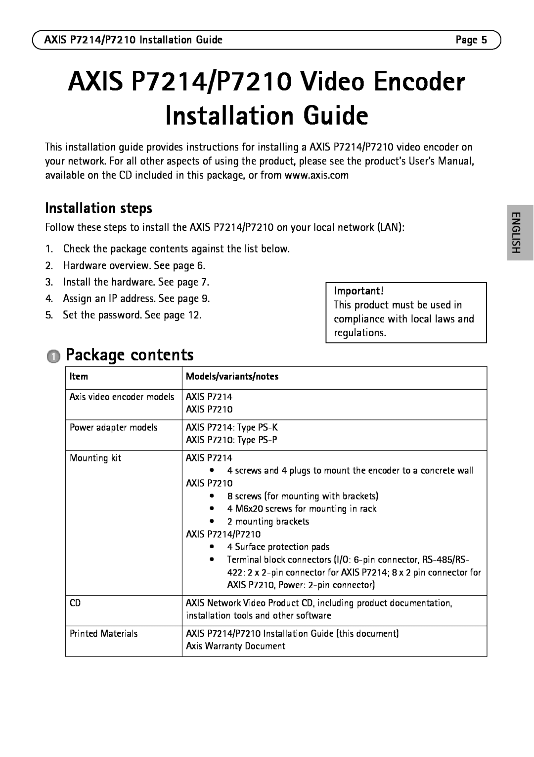 Axis Communications manual AXIS P7214/P7210 Video Encoder Installation Guide, Package contents, Installation steps 