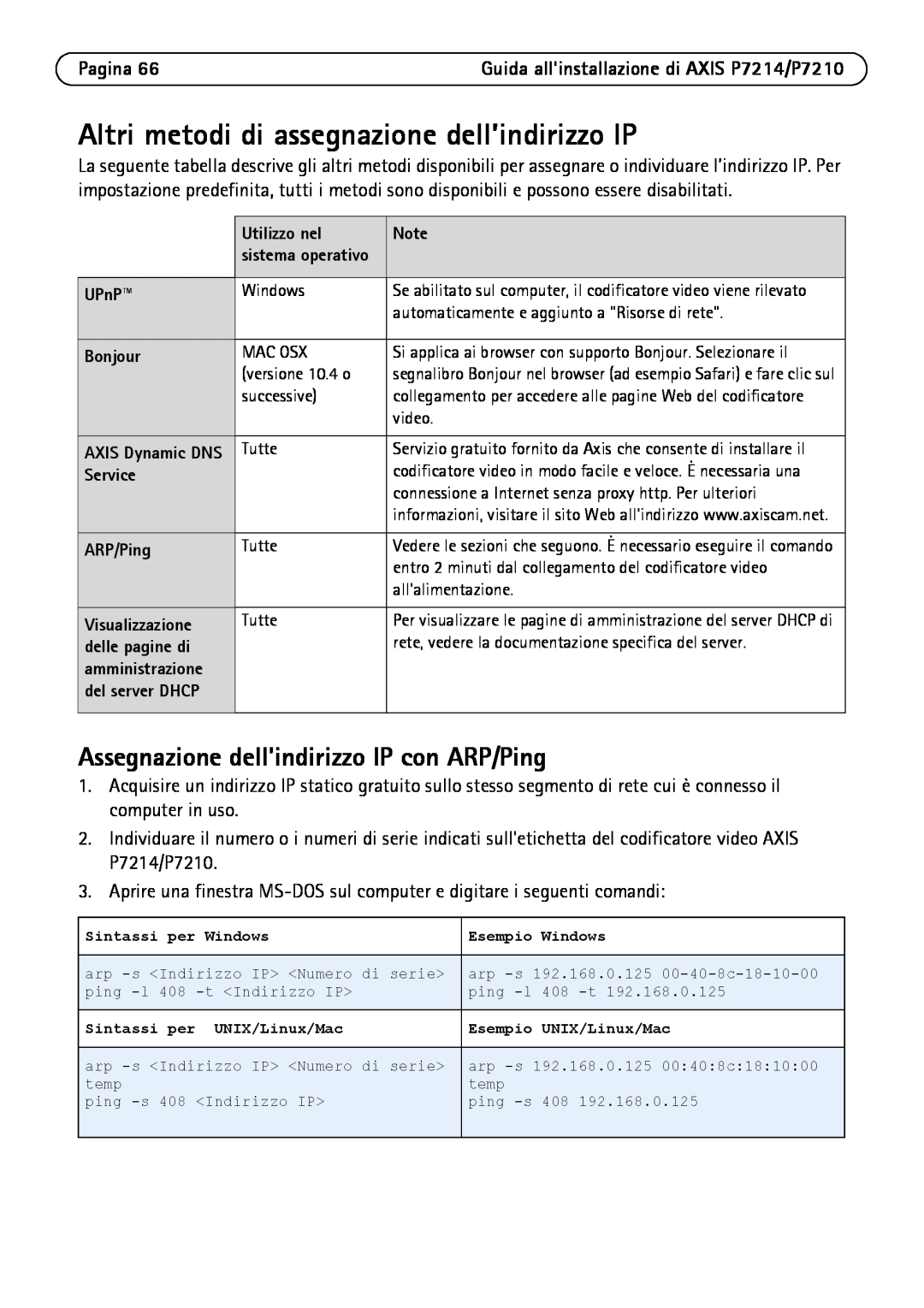 Axis Communications P7214/P7210 Altri metodi di assegnazione dell’indirizzo IP, Assegnazione dellindirizzo IP con ARP/Ping 