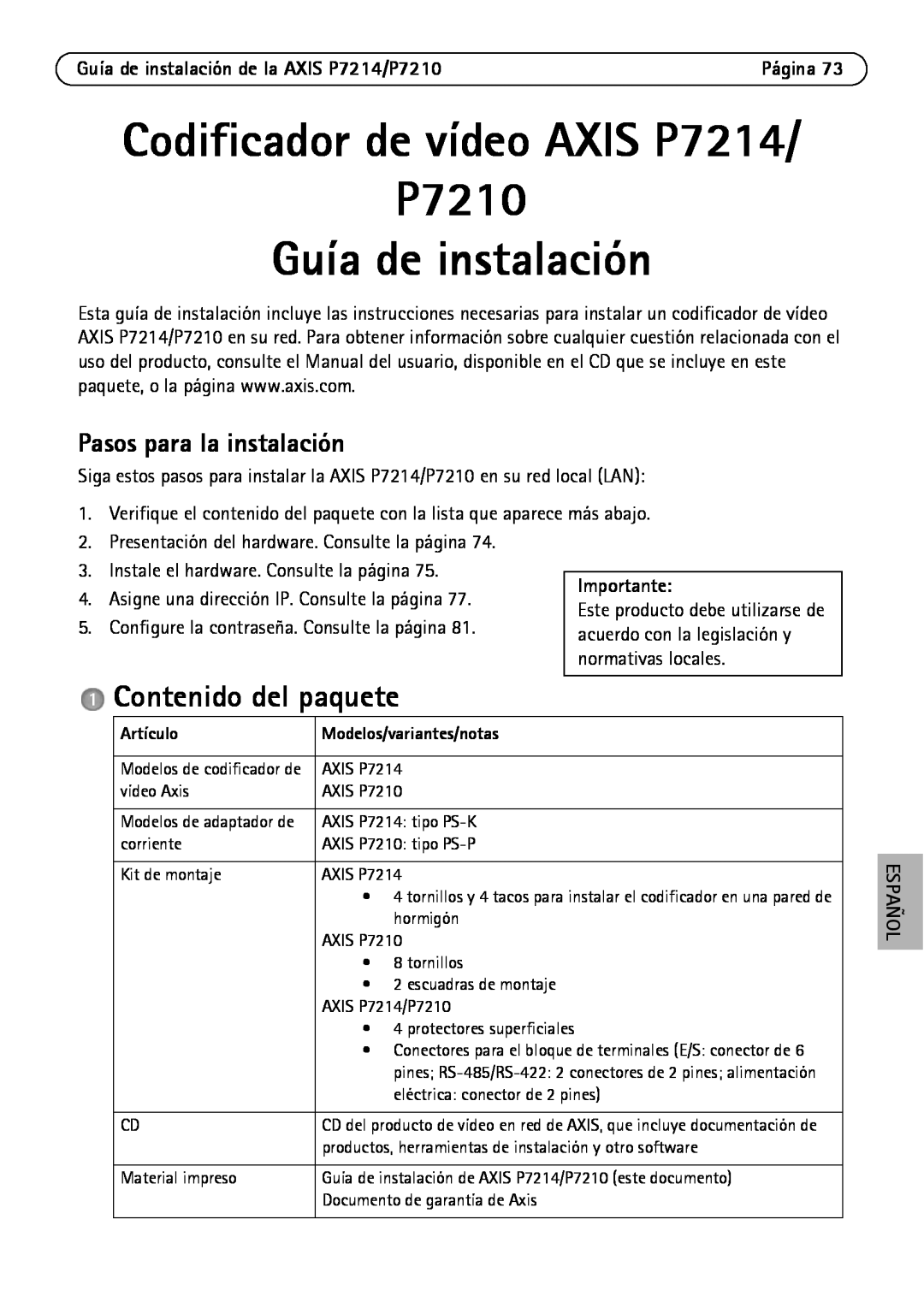 Axis Communications P7214/P7210 Codificador de vídeo AXIS P7214 P7210 Guía de instalación, Contenido del paquete, Artículo 