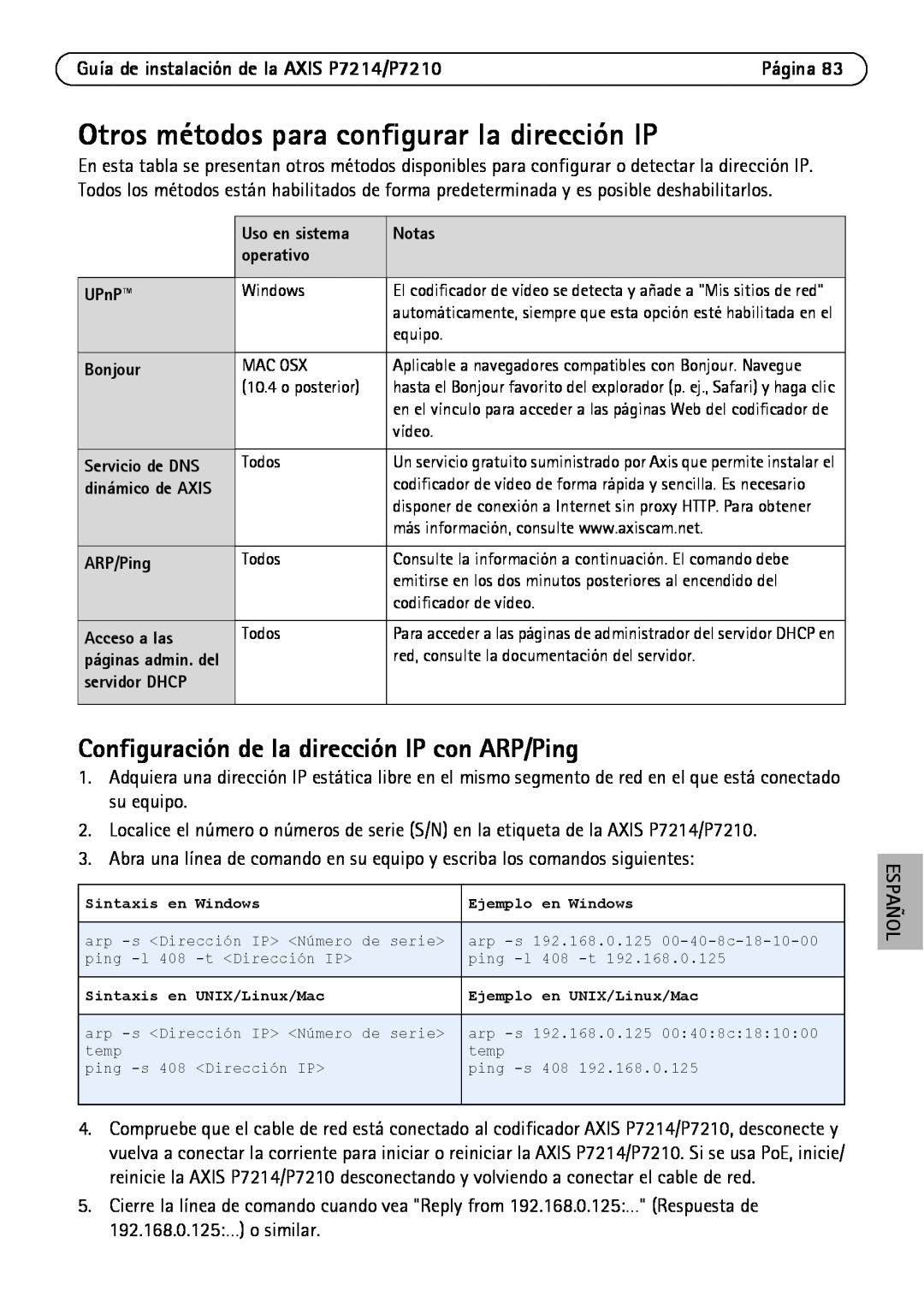 Axis Communications Otros métodos para configurar la dirección IP, Guía de instalación de la AXIS P7214/P7210, Español 