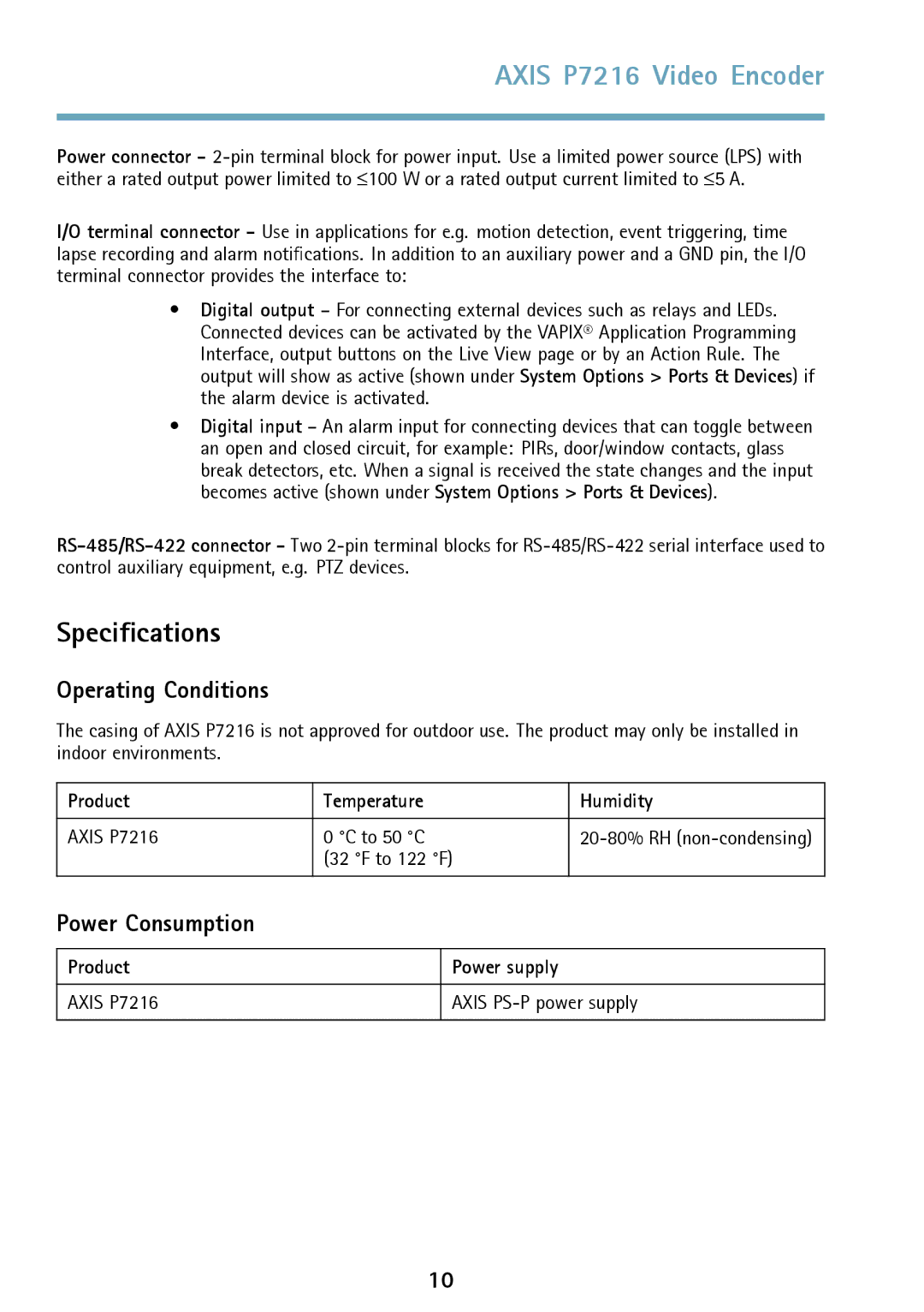 Axis Communications P7216 manual Specifications, Operating Conditions, Power Consumption 