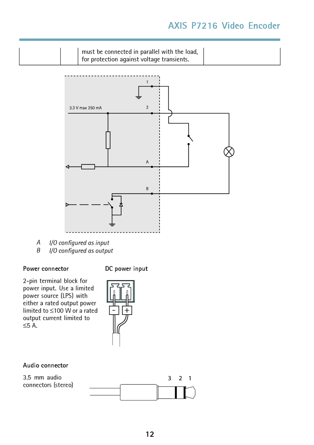 Axis Communications P7216 manual Power connector, Audio connector 