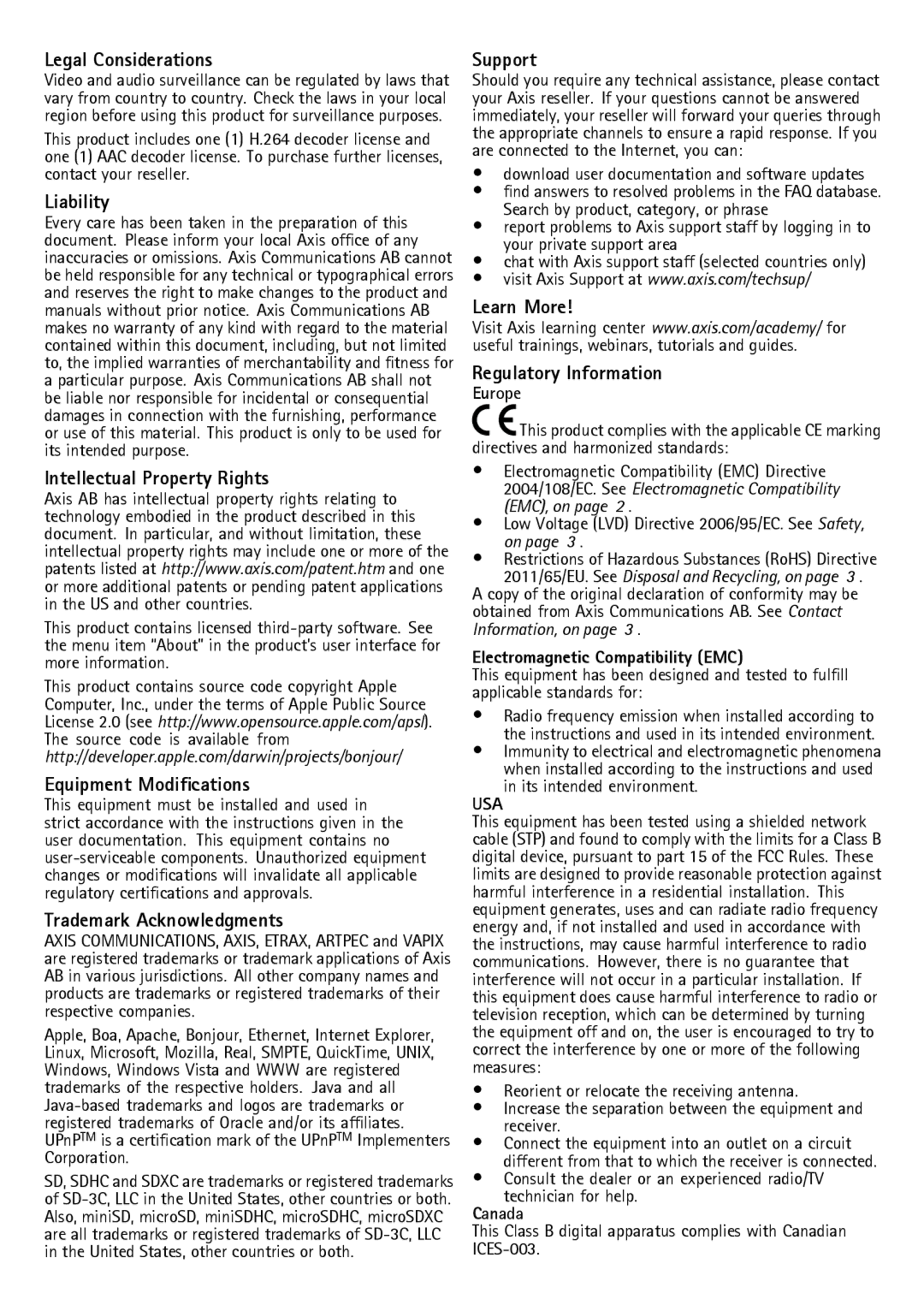 Axis Communications P7216 Legal Considerations, Liability, Intellectual Property Rights, Equipment Modifications, Support 