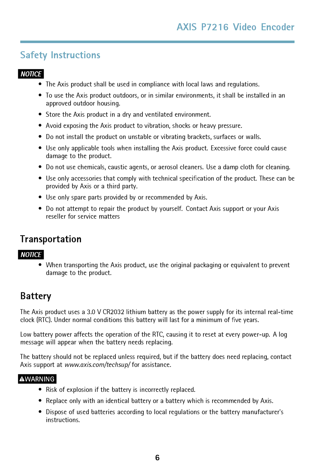 Axis Communications manual Axis P7216 Video Encoder Safety Instructions, Transportation, Battery 