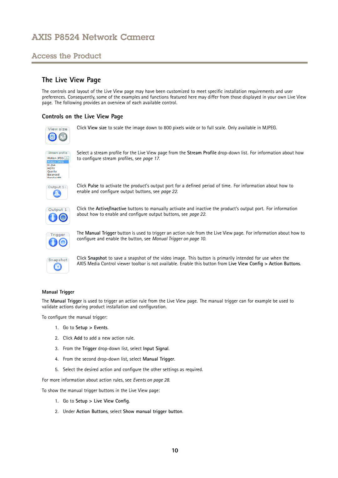 Axis Communications P8524 user manual Controls on the Live View, Manual Trigger, Go to Setup Events 