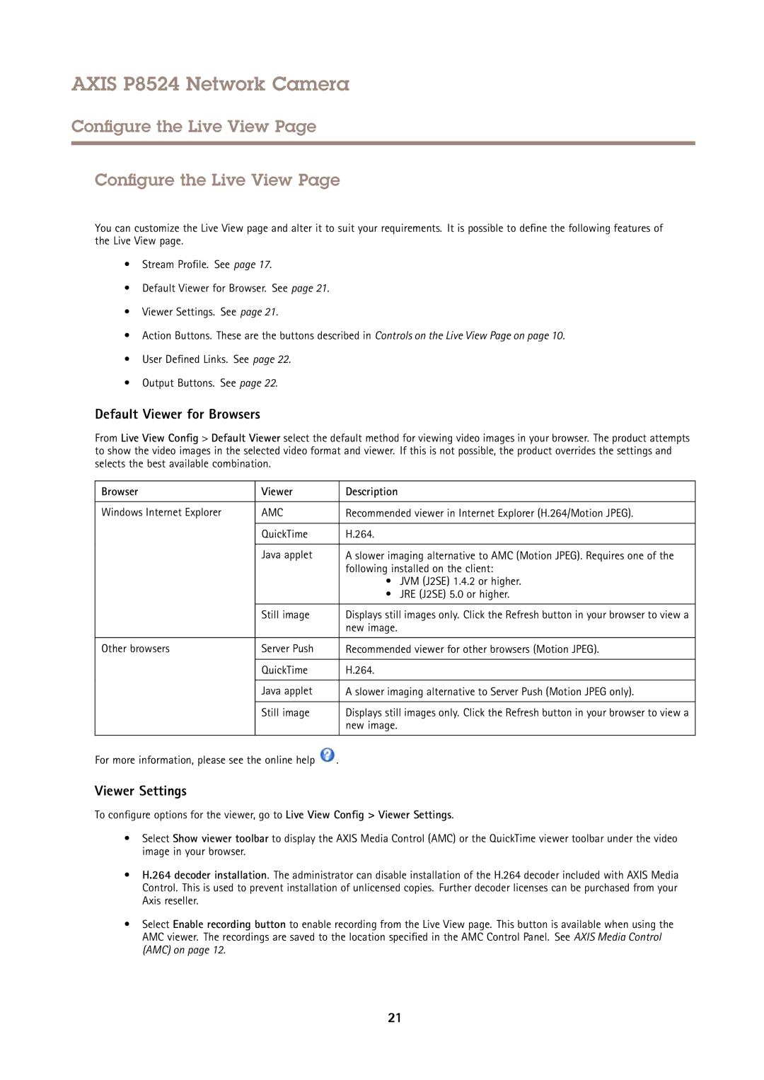 Axis Communications P8524 user manual Configure the Live View, Default Viewer for Browsers, Viewer Settings 