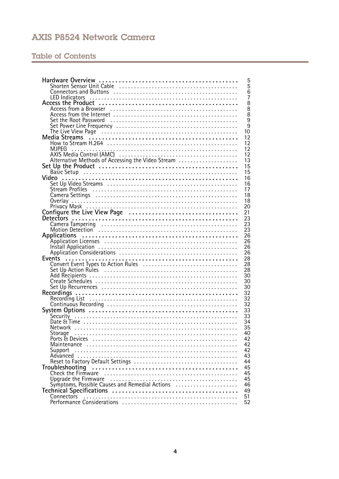 Axis Communications user manual Axis P8524 Network Camera, Table of Contents 