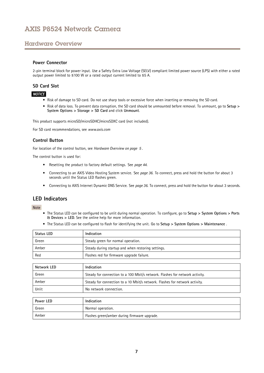 Axis Communications P8524 user manual LED Indicators, Power Connector, SD Card Slot, Control Button 