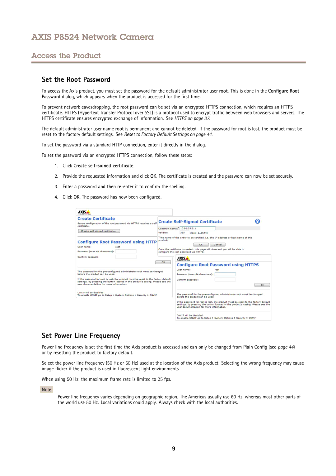 Axis Communications P8524 user manual Set the Root Password, Set Power Line Frequency, Click Create self-signed certificate 