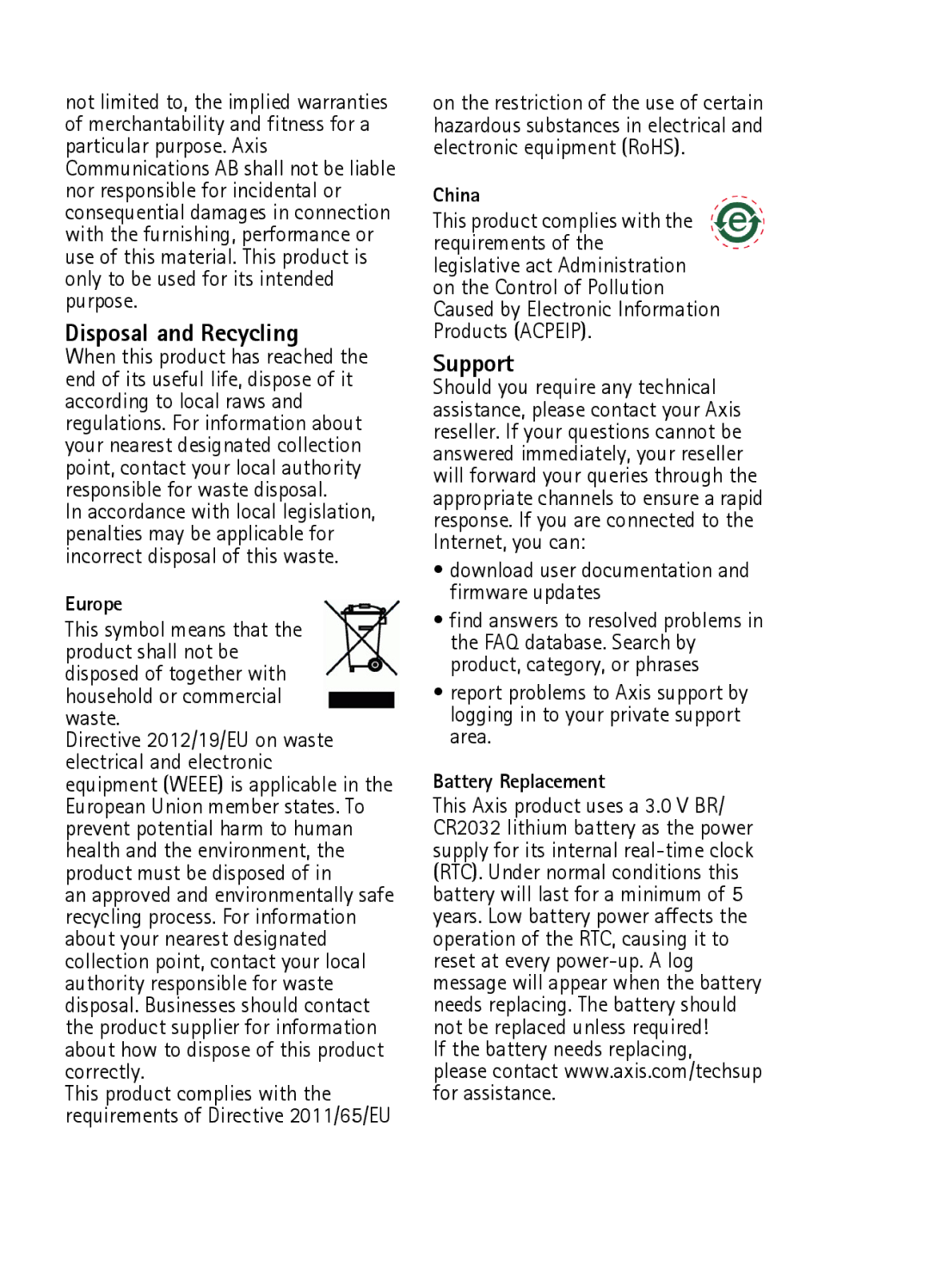 Axis Communications P8535 manual Disposal and Recycling 