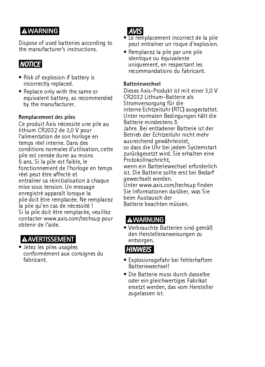 Axis Communications P8535 manual Batterie beachten müssen 